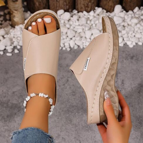 المرأة s ls الصيف المفتوحة تو الجلود الانزلاق على الشرائح عرض واسع Slingback Flatform l الصلبة اللون عدم الانزلاق النعال عارضة الراحة في الهواء الطلق أحذية المشي الشاطئ in Saudi Arabia