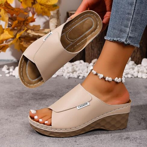 المرأة s ls الصيف المفتوحة تو الجلود الانزلاق على الشرائح عرض واسع Slingback Flatform l الصلبة اللون عدم الانزلاق النعال عارضة الراحة في الهواء الطلق أحذية المشي الشاطئ in Saudi Arabia