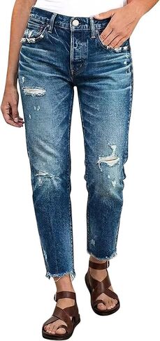 Flamingals Mid Waist Straight Leg Jeans for Women Raw Hem Ripped Casual Vintage Denim Jeans with Pockets in Kuwait