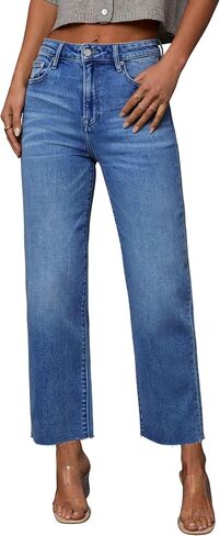 Allimy Womens Tummy Control High Waisted Straight Leg Jeans Stretchy Raw Hem Cropped Denim Pants in Kuwait