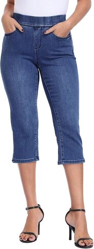 HDE Womens Pull On Capri Jeans Elastic High Waist Tummy Control 21" Inseam Slim Fit Cropped Stretch Denim Capris with Pockets in Kuwait