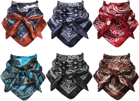 gisgfim 6 Pcs Wild Rag 35 Inch Western Cowboy Rag for Adults Rancher Neckerchief Oversize Head Scarf Bandana Large Western Silk Rags Large Square Bandana Silk Like Neck Scarf Shawl for Men Women in Kuwait