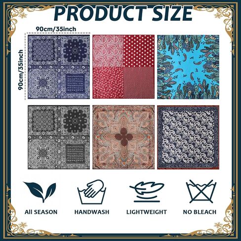 gisgfim 6 Pcs Wild Rag 35 Inch Western Cowboy Rag for Adults Rancher Neckerchief Oversize Head Scarf Bandana Large Western Silk Rags Large Square Bandana Silk Like Neck Scarf Shawl for Men Women in Kuwait