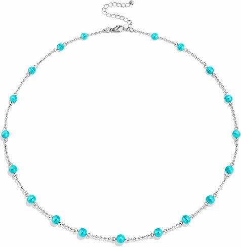 Sheplus Dainty Turquoise Necklace for Women, 925 Sterling Silver Beaded Necklace, Real Turquoise Minimalist Jewelry, Gift for Her, Birthday Sister Gift in Saudi Arabia