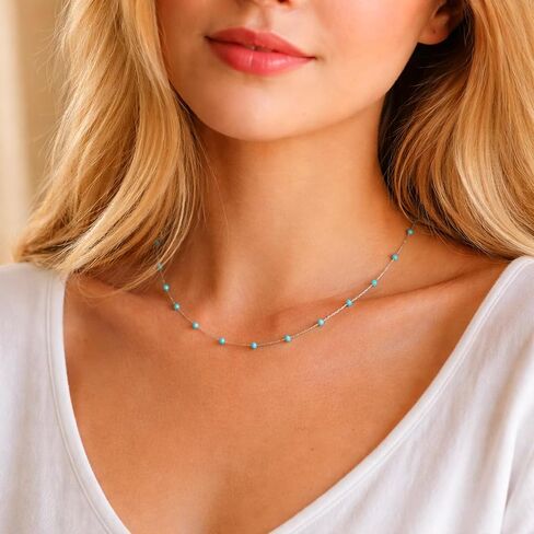 Sheplus Dainty Turquoise Necklace for Women, 925 Sterling Silver Beaded Necklace, Real Turquoise Minimalist Jewelry, Gift for Her, Birthday Sister Gift in Saudi Arabia