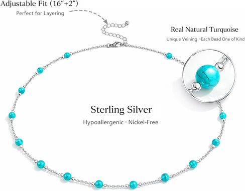 Sheplus Dainty Turquoise Necklace for Women, 925 Sterling Silver Beaded Necklace, Real Turquoise Minimalist Jewelry, Gift for Her, Birthday Sister Gift in Saudi Arabia