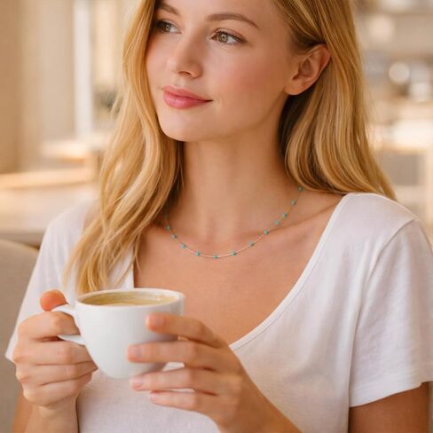 Sheplus Dainty Turquoise Necklace for Women, 925 Sterling Silver Beaded Necklace, Real Turquoise Minimalist Jewelry, Gift for Her, Birthday Sister Gift in Saudi Arabia