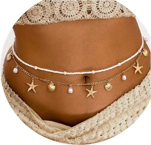 TEBIEKOY Waist Chains for Women, 2 pcs Gold Starfish & Pearl Belly Chain Body Jewelry with Dangle Charms for Beach, Bikini & Summer in Kuwait