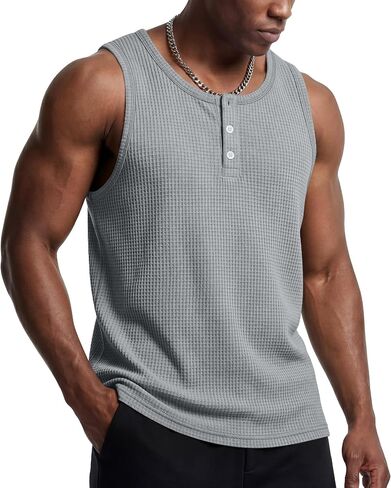 Mens Waffle Knit Tank Tops Casual Sleeveless Henley Shirts Summer 2026 Beach Breathable Muscle Tees in Saudi Arabia