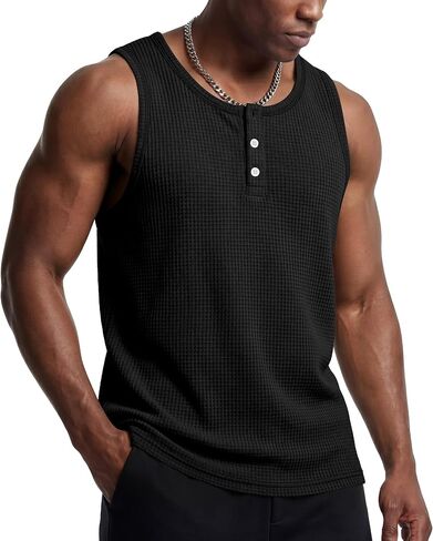 Mens Waffle Knit Tank Tops Casual Sleeveless Henley Shirts Summer 2026 Beach Breathable Muscle Tees in Saudi Arabia