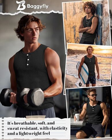 Mens Waffle Knit Tank Tops Casual Sleeveless Henley Shirts Summer 2026 Beach Breathable Muscle Tees in Saudi Arabia