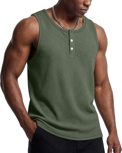 Mens Waffle Knit Tank Tops Casual Sleeveless Henley Shirts Summer 2026 Beach Breathable Muscle Tees in Saudi Arabia