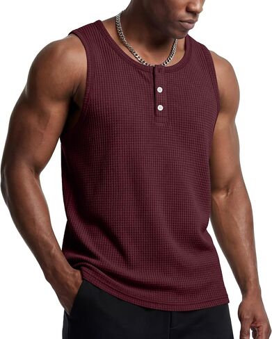 Mens Waffle Knit Tank Tops Casual Sleeveless Henley Shirts Summer 2026 Beach Breathable Muscle Tees in Saudi Arabia