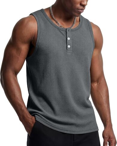 Mens Waffle Knit Tank Tops Casual Sleeveless Henley Shirts Summer 2026 Beach Breathable Muscle Tees in Saudi Arabia