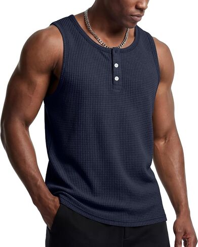 Mens Waffle Knit Tank Tops Casual Sleeveless Henley Shirts Summer 2026 Beach Breathable Muscle Tees in Saudi Arabia