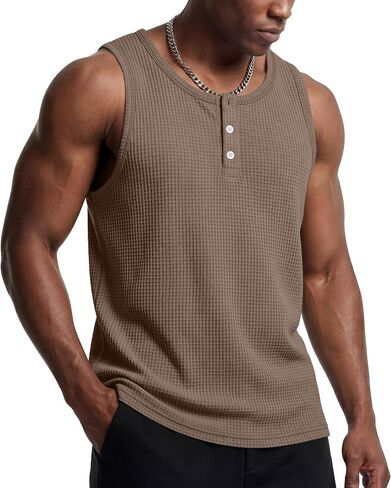 Mens Waffle Knit Tank Tops Casual Sleeveless Henley Shirts Summer 2026 Beach Breathable Muscle Tees in Saudi Arabia