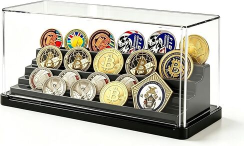 4 Row Acrylic Challenge Coin Display Stand with Dust Cover, Black Military Coin Holder Rack Holds 16 Coins for Desk, Clear Army Challenge Coin Display Case for Collectors in Saudi Arabia