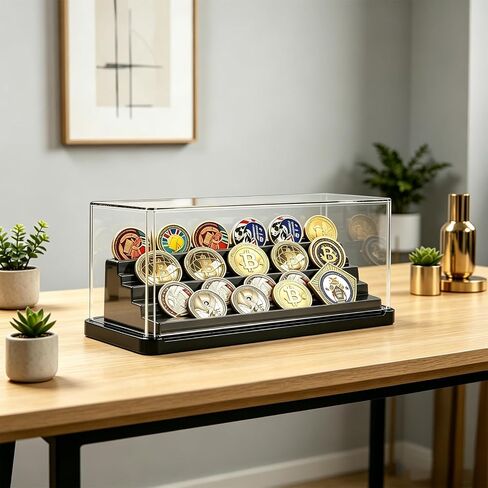 4 Row Acrylic Challenge Coin Display Stand with Dust Cover, Black Military Coin Holder Rack Holds 16 Coins for Desk, Clear Army Challenge Coin Display Case for Collectors in Saudi Arabia