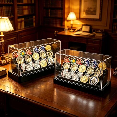 4 Row Acrylic Challenge Coin Display Stand with Dust Cover, Black Military Coin Holder Rack Holds 16 Coins for Desk, Clear Army Challenge Coin Display Case for Collectors in Saudi Arabia