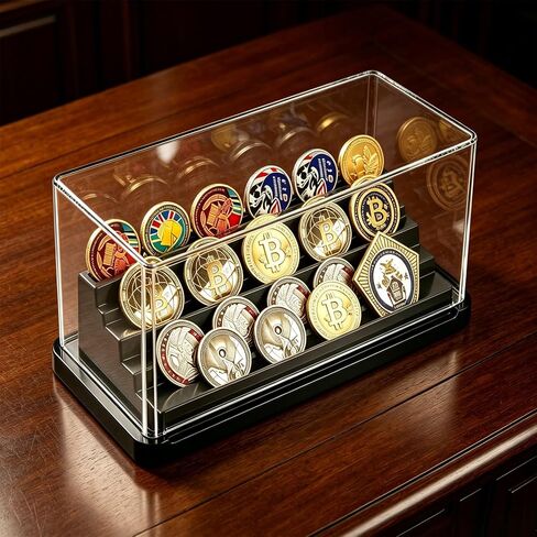 4 Row Acrylic Challenge Coin Display Stand with Dust Cover, Black Military Coin Holder Rack Holds 16 Coins for Desk, Clear Army Challenge Coin Display Case for Collectors in Saudi Arabia