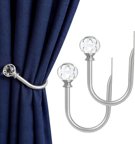 KAMANINA Curtain Holdbacks 2pcs, Silver Curtain Tiebacks Wall Mounted Window Curtains Hooks, Decorative Holders for Drapes with Crystal Finials(5.4" L × 4.1" W) in Kuwait