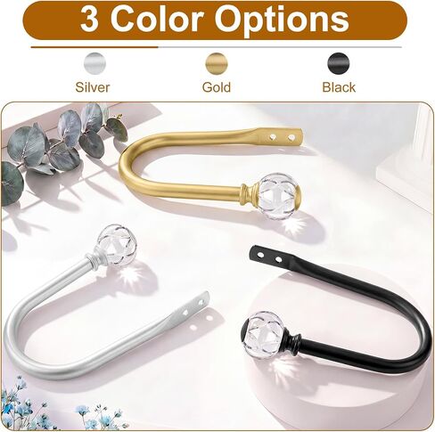 KAMANINA Curtain Holdbacks 2pcs, Silver Curtain Tiebacks Wall Mounted Window Curtains Hooks, Decorative Holders for Drapes with Crystal Finials(5.4" L × 4.1" W) in Kuwait