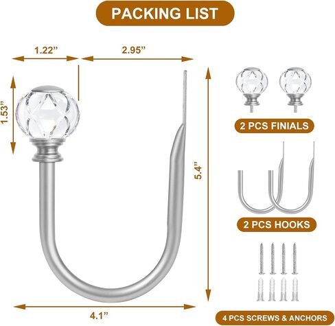 KAMANINA Curtain Holdbacks 2pcs, Silver Curtain Tiebacks Wall Mounted Window Curtains Hooks, Decorative Holders for Drapes with Crystal Finials(5.4" L × 4.1" W) in Kuwait