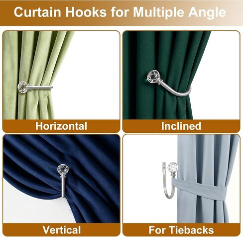 KAMANINA Curtain Holdbacks 2pcs, Silver Curtain Tiebacks Wall Mounted Window Curtains Hooks, Decorative Holders for Drapes with Crystal Finials(5.4" L × 4.1" W) in Kuwait
