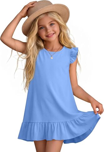 Xaatren Girls Dress Summer Flutter Sleeve Ruffle Crew Neck Back to School Dresses Teen Party Holiday Clothes 5-14 Years in Kuwait