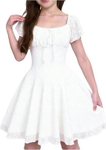 SOLY HUX Girl's Cute Summer Dress Square Neck Short Sleeve Tie Front Party Short Dresses in Kuwait
