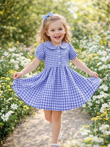 Girls Blue Gingham Dress - Cotton Short Sleeve Peter Pan Collar Casual Dress for Kids Ages 4-14 in Kuwait