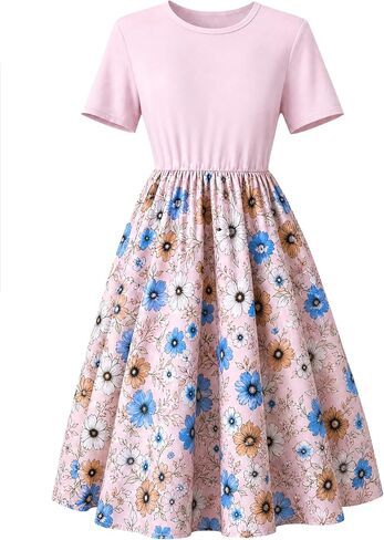NEW 6-14 Years Girls Dress Short Sleeve Floral Print A-Line Midi Party Wedding Guest Church Summer Sundress in Kuwait