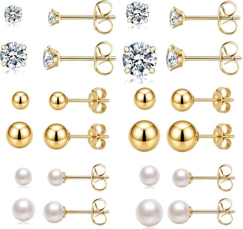 12 Pairs Gold Stud Earrings Set for Women Men, Hypoallergenic 14K Gold Plated Cubic Zirconia Earrings/Ball/Pearl Earrings, Stainless Steel Gold Stud Earrings for Sensitive Ears, 3mm-6mm in Saudi Arabia