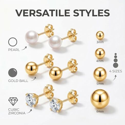 12 Pairs Gold Stud Earrings Set for Women Men, Hypoallergenic 14K Gold Plated Cubic Zirconia Earrings/Ball/Pearl Earrings, Stainless Steel Gold Stud Earrings for Sensitive Ears, 3mm-6mm in Saudi Arabia