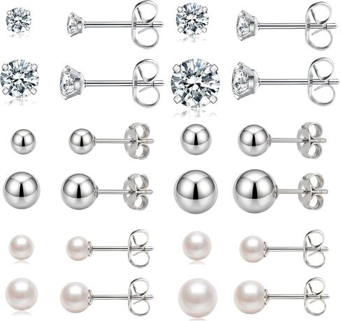 12 Pairs Gold Stud Earrings Set for Women Men, Hypoallergenic 14K Gold Plated Cubic Zirconia Earrings/Ball/Pearl Earrings, Stainless Steel Gold Stud Earrings for Sensitive Ears, 3mm-6mm in Saudi Arabia