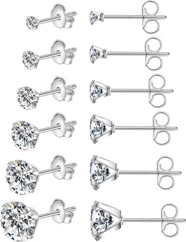 6 Pairs Stud Earrings for Women Men, Hypoallergenic Cubic Zirconia 14K White Gold Plated Earrings for Sensitive Ears, CZ Cartilage Stud Earrings Set for Multiple Piercing 3-8mm in Saudi Arabia