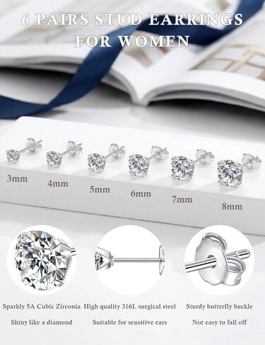 6 Pairs Stud Earrings for Women Men, Hypoallergenic Cubic Zirconia 14K White Gold Plated Earrings for Sensitive Ears, CZ Cartilage Stud Earrings Set for Multiple Piercing 3-8mm in Saudi Arabia