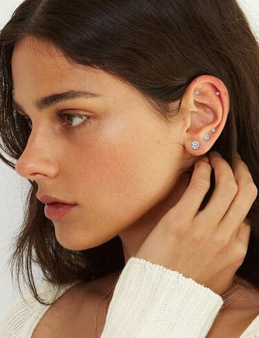 6 Pairs Stud Earrings for Women Men, Hypoallergenic Cubic Zirconia 14K White Gold Plated Earrings for Sensitive Ears, CZ Cartilage Stud Earrings Set for Multiple Piercing 3-8mm in Saudi Arabia