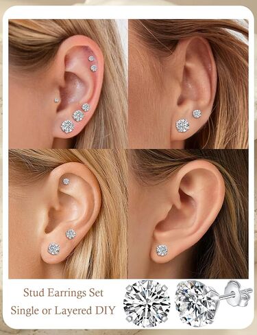 6 Pairs Stud Earrings for Women Men, Hypoallergenic Cubic Zirconia 14K White Gold Plated Earrings for Sensitive Ears, CZ Cartilage Stud Earrings Set for Multiple Piercing 3-8mm in Saudi Arabia