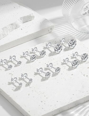 6 Pairs Stud Earrings for Women Men, Hypoallergenic Cubic Zirconia 14K White Gold Plated Earrings for Sensitive Ears, CZ Cartilage Stud Earrings Set for Multiple Piercing 3-8mm in Saudi Arabia