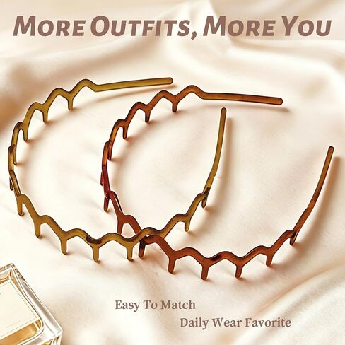 PIPUHA 2 Pack Zig Zag Headbands for Women, Matte Amber & Tortoise Comb Headband, Non Slip Headband with Teeth for Slick Back Hair, Vintage Wavy Hair Accessories for Daily Styling in Kuwait