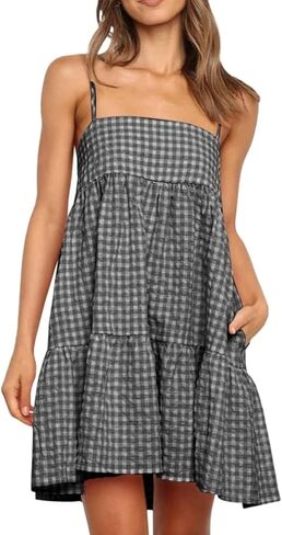 Wenrine Womens Summer Plaid Mini Dress Casual Spaghetti Strap Sleeveless A Line Beach Sundress with Pockets in Kuwait