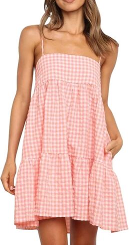 Wenrine Womens Summer Plaid Mini Dress Casual Spaghetti Strap Sleeveless A Line Beach Sundress with Pockets in Kuwait
