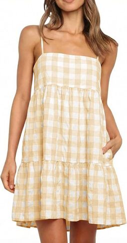 Wenrine Womens Summer Plaid Mini Dress Casual Spaghetti Strap Sleeveless A Line Beach Sundress with Pockets in Kuwait