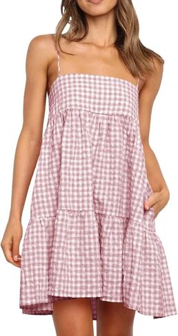 Wenrine Womens Summer Plaid Mini Dress Casual Spaghetti Strap Sleeveless A Line Beach Sundress with Pockets in Kuwait