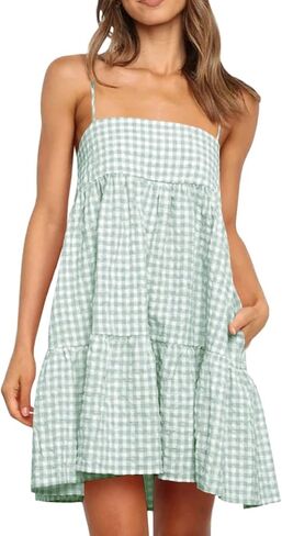 Wenrine Womens Summer Plaid Mini Dress Casual Spaghetti Strap Sleeveless A Line Beach Sundress with Pockets in Kuwait