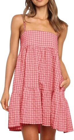 Wenrine Womens Summer Plaid Mini Dress Casual Spaghetti Strap Sleeveless A Line Beach Sundress with Pockets in Kuwait