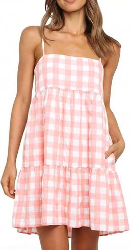 Wenrine Womens Summer Plaid Mini Dress Casual Spaghetti Strap Sleeveless A Line Beach Sundress with Pockets in Kuwait