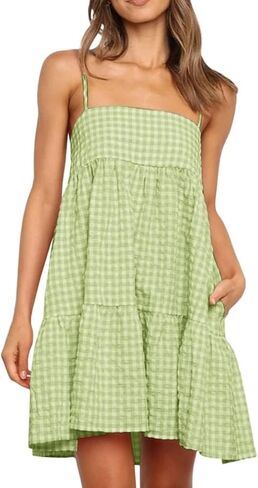 Wenrine Womens Summer Plaid Mini Dress Casual Spaghetti Strap Sleeveless A Line Beach Sundress with Pockets in Kuwait