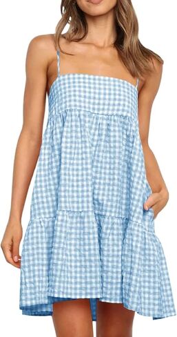Wenrine Womens Summer Plaid Mini Dress Casual Spaghetti Strap Sleeveless A Line Beach Sundress with Pockets in Kuwait